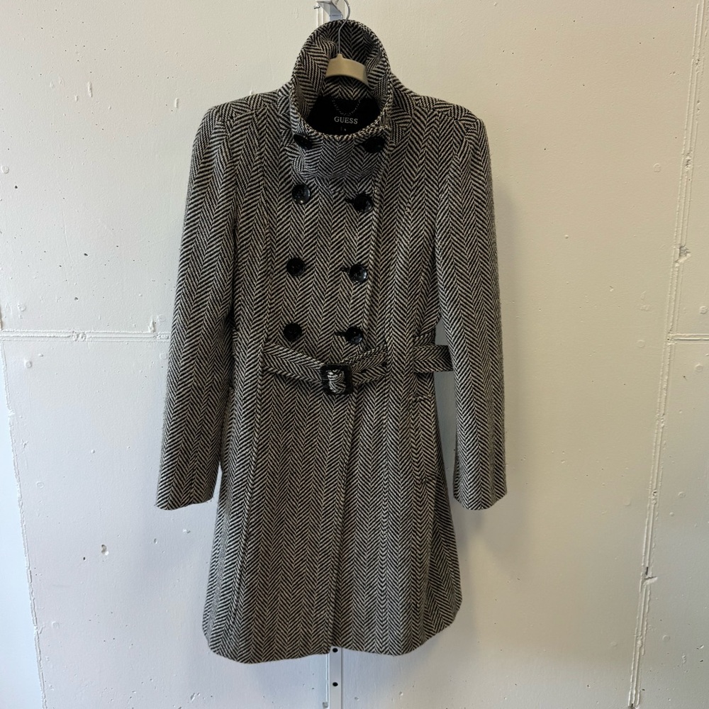 Guess Women’s Wool‎ Blend Herringbone Tailored Double Breasted Pea Coat Gray Sm